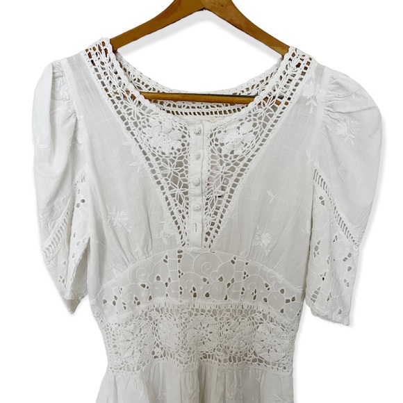 LoveShackFancy White Divine Short Puff Sleeve Embroidered Lace Floral Mini Dress - Picture 3 of 11